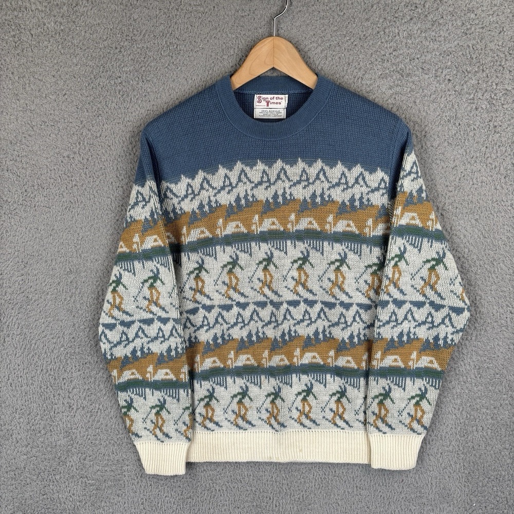 Vintage 90s Knit Sweater Mens Medium Snow Ski Camping All Over Acrylic Made USA